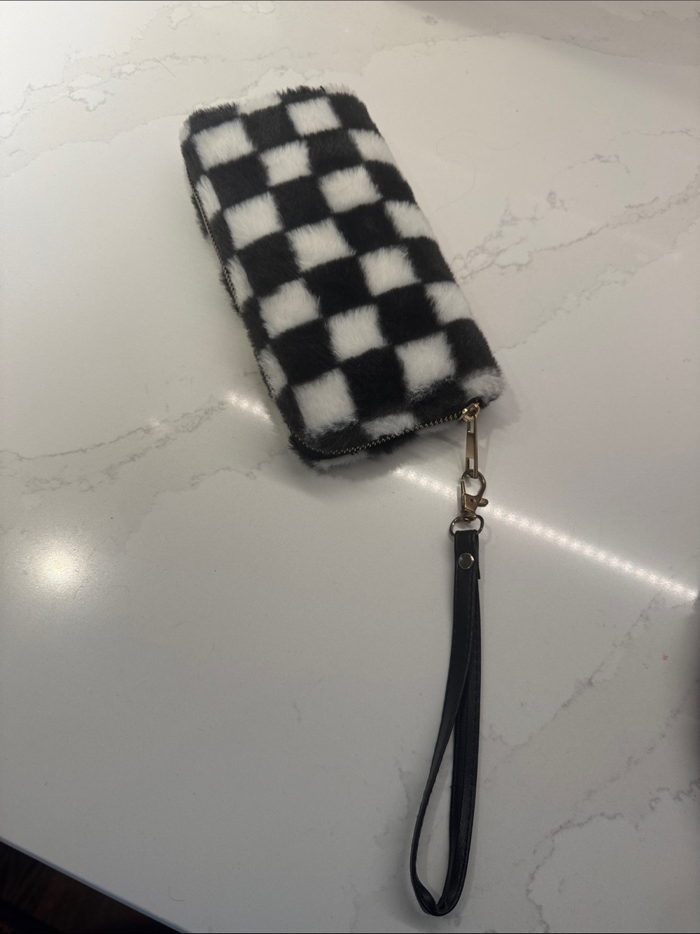 Claire's Black and White Checkered Faux Fur Wristlet Clutch